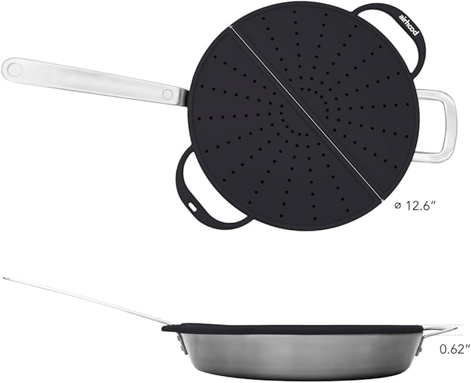 AirHood Silicone Splatter Screen – Foldable Grease Guard for Frying Pans & Induction Cookers – Heat-Resistant, BPA-Free, Dishwasher Safe, 2-in-1 Trivet & Splatter Screen - Black