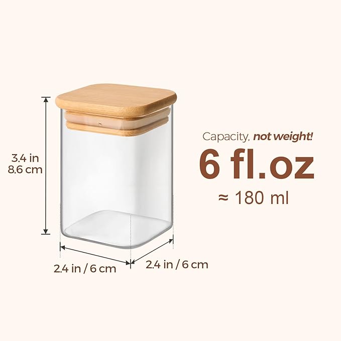 ComSaf 16Pcs Spice Jars with Labels, Glass Jar with Bamboo Lid, 6oz Airtight Square Containers with Black Lables, Empty Seasoning Jars for Spice, Salt, Pepper, Sugar
