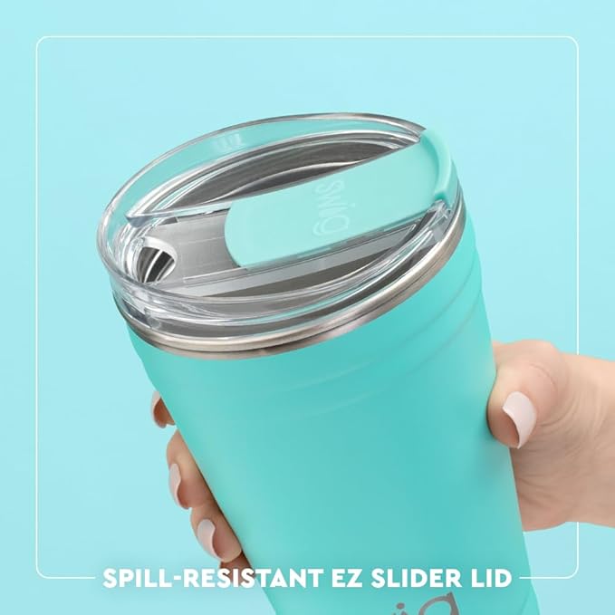 Swig Life 18oz Party Cup, Stackable Insulated Travel Coffee Tumbler with EZ Slider Lid, Cup Holder Friendly Travel Bottles, Stainless Steel 18 oz Tumbler, Reusable Coffee Mug (Blue Lagoon)