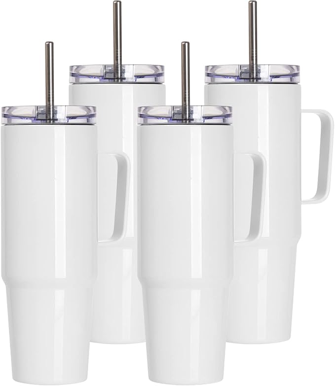 PYD Life 4 Pack Sublimation Tumblers with Handle Blanks 36 OZ White Coffee Mugs Insulated Reusable Travel Cups with Leakproof Lid and Stainless Straw for Tumbler Heat Press