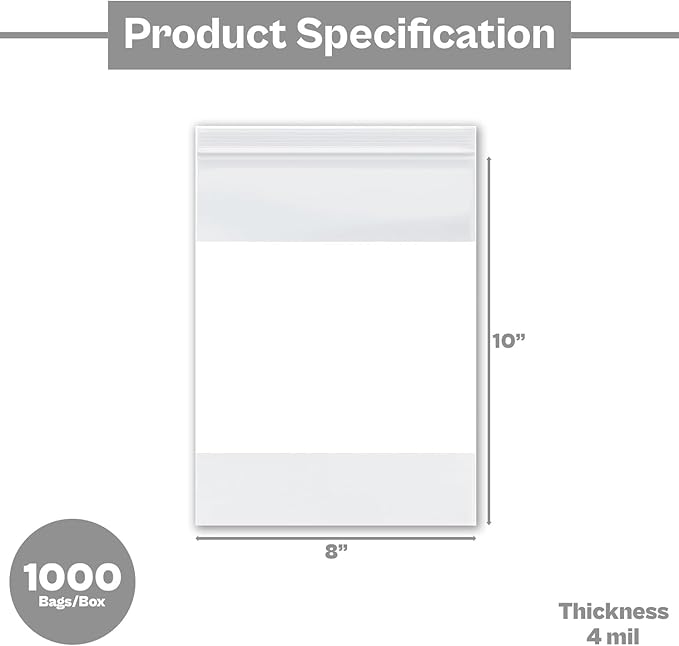 PSBM 1000 Count 4 Mil 8 Inch x 10 Inch, White Block Reclosable Poly Bags, With Write-On Block, Clear Zip Plastic Bag, Lock Seal Zipper For Packing, Storing, Organizing & Shipping Products