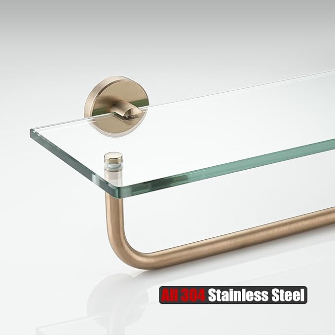 JQK Bathroom Glass Shelf, Shelf with 15 Inch Towel Bar Tempered Glass Shower Storage 16 by 5 inches, 304 Stainless Steel Champagne Bronze Wall Mount, TGS100L16-CB