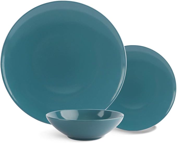 Amazon Basics 18-Piece Stoneware Dinnerware Set, Service for 6, Microwave and Dishwasher Safe, Plates and Bowls, Deep Teal