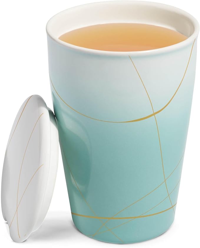 Tea Forte Double-Walled Ceramic Kati Cup, Removable Stainless Steel Infuser Basket and Lid, Steeps 12 oz Loose Leaf Tea, Dishwasher & Microwave Safe, Gifts for Mom, Wellbeing