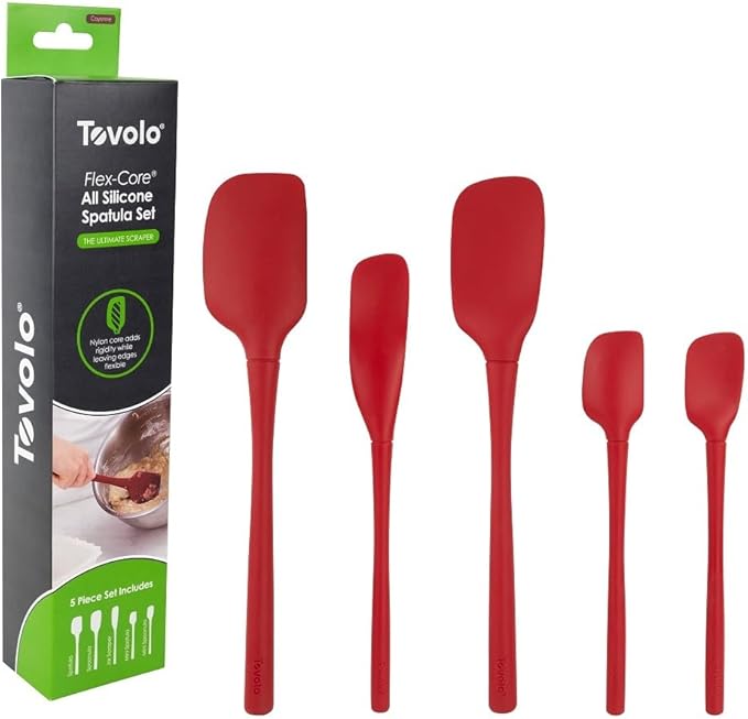 Tovolo Flex Core 5 Piece Silicone Spatula Set Heat Resistant All Silicone Utensils Include Non Stick Spatula Spoonula Jar Scraper, Dishwasher Safe BPA Free Spatulas for Baking Mixing, Cayenne Red