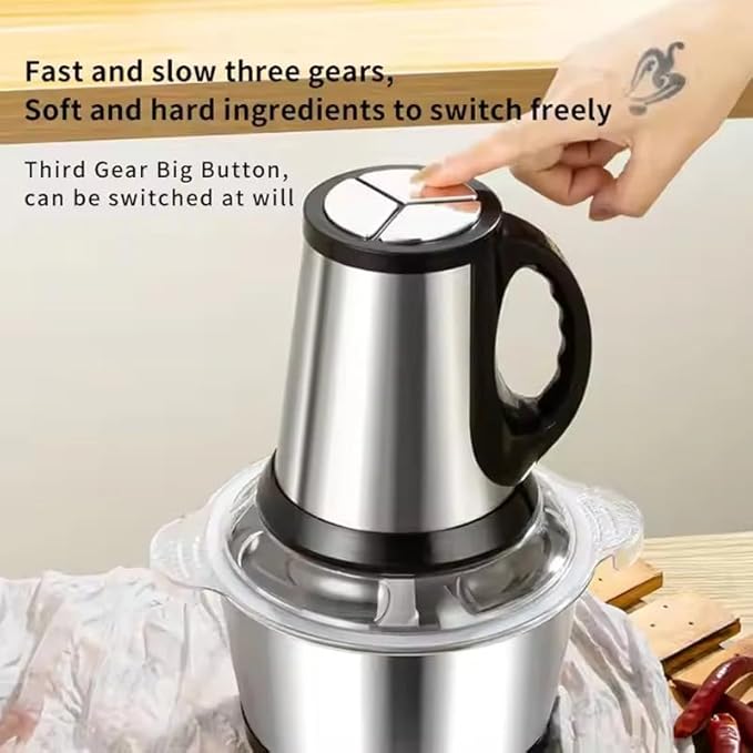 Sakerplus Multifunctional Large Capacity Meat Grinder, 250W Electric Food Processor with 3 Speeds, 2L Stainless Steel Bowl & 4 Sharp Blades for Meat, Vegetables, Nuts (2L-stainless steel)