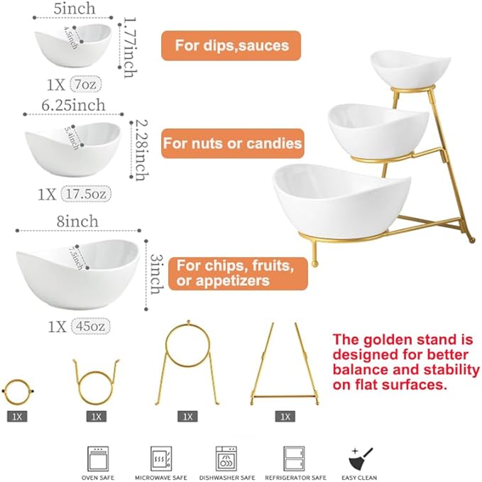 Miamolo 3 Tier Serving Bowls with Stand, Chips and Dip Serving Dishes Set for Entertaining Party, Ceramic Fruit Bowl for Salad Soup Snacks, Microwave & Dishwasher Safe