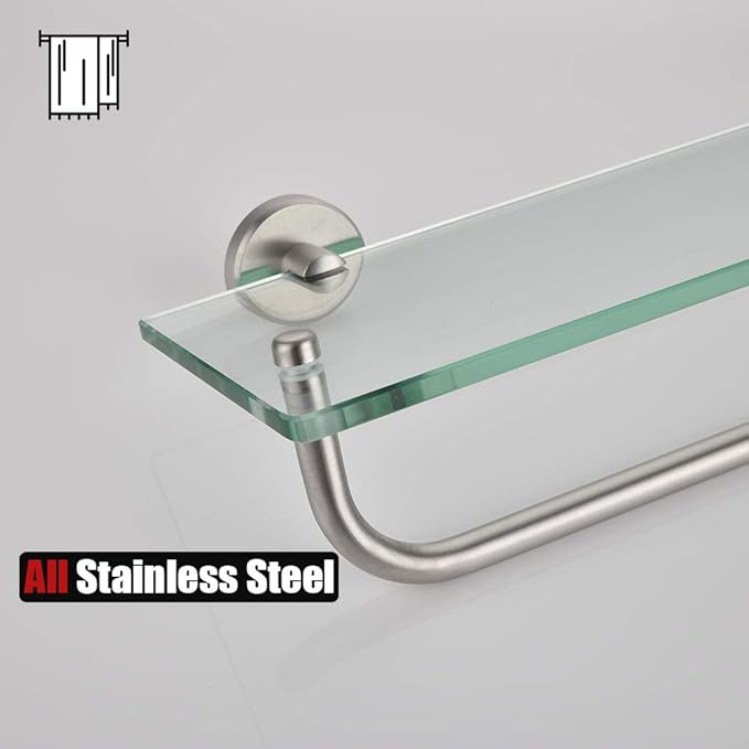 JQK Bathroom Glass Shelf, Shelf with 29 Inch Towel Bar Tempered Glass Shower Storage 30 by 5 inches, 304 Stainless Steel Brushed Finish Wall Mount, TGS100L30-BN