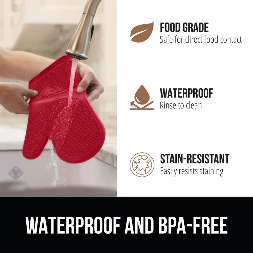 GORILLA GRIP BPA-Free Soft Silicone Oven Mitts, 14.5x8.3, Heat Resistant and Waterproof Cooking Gloves, Thick Cotton Lining, Flexible Gripping for Baking Grilling, Kitchen Potholders Set of 2, Red