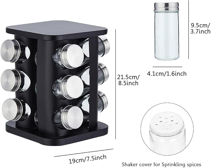 Revolving Spice Rack Organizer with 12 Jars, Countertop Spice Seasoning Rack Tower with 12 Glass Jar Bottles Refillable for Kitchen Cabinet, Stainless Steel, Black