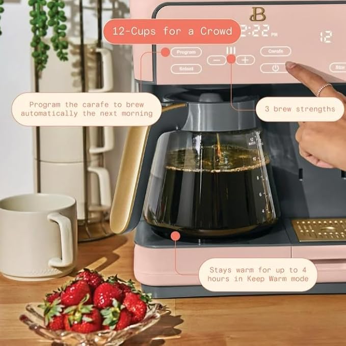Beauti Multi Brew 12 Cup Programmable Drip & Single Serve Coffee Maker, Versatile Brewing (6oz, 8oz, 10oz, 12oz, 14oz), Pods or Ground, Over Ice option, Keep Warm mode (Rose)