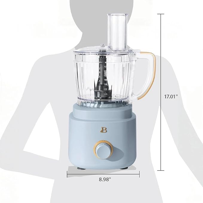 Beautiful by Drew Barrymore 10-Cup Food Processor, 500-Watts, Variable Speed, Pulse, 3" Wide Feed Tube, Stainless Steel Blades, Dishwasher Safe, Large Bowl, Accessories Included (Cornflower Blue)