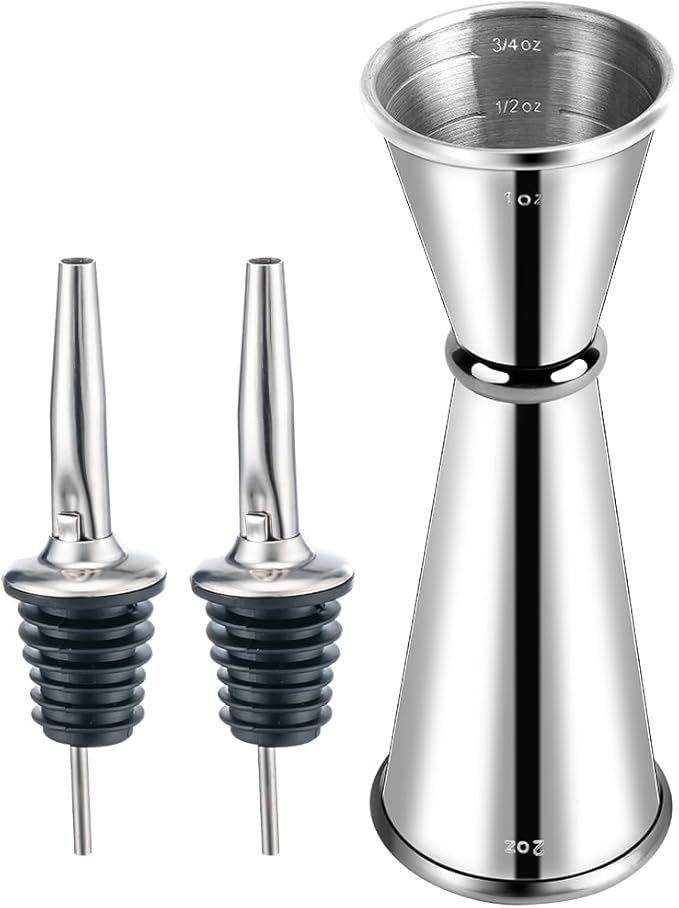 Briout Jigger and 2 Pourers, Double Cocktail Jigger Japanese Premium 304 Stainless Steel Jigger 2 OZ and 1 OZ with Measurements Inside