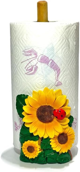 Sunflower Paper Towel Holder for Kitchen Counter, Decorative Farmhouse Paper Towel Stand with Wooden Rod, Cute Kitchen Countertop Paper Towel Dispenser, Rustic Kitchen Decor