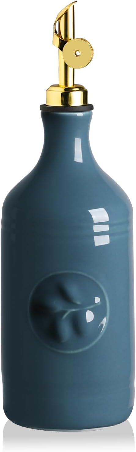 Sweejar 16 Oz Ceramic Olive Oil Dispenser Bottle, Oil Dispenser for Kitchen with Gravity Spout, Relief Opaque Oil Container for Evoo, Avocado Oil, Vinegar, Soy Sauce, 1 Pack(Fog Blue, Gold Spout)