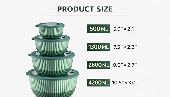 Mixing Bowls with Lids, 8-Piece Airtight Leak-Proof Nesting BPA-Free Bowl Set for Kitchen & Food Storage, Large 4200ml Capacity, Microwave & Dishwasher Safe