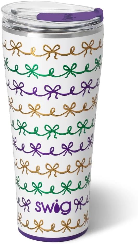 Swig Life 32oz Insulated Tumbler, Travel Coffee Tumbler with Lid, Cup Holder Friendly Travel Coffee Mug, Stainless Steel, 32 oz, Reusable Insulated Mug with Lid (Mardi Gras Bows)