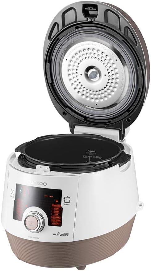 CUCKOO Electric Pressure Cooker 14 Menu Options: White, Slow Cook, Sous Vide, Porridge, & More, User-Friendly LED Display, Stainless Steel Inner Pot, 24 Cup / 6 Qt. (Uncooked) CMC-ASB601F White/Gold