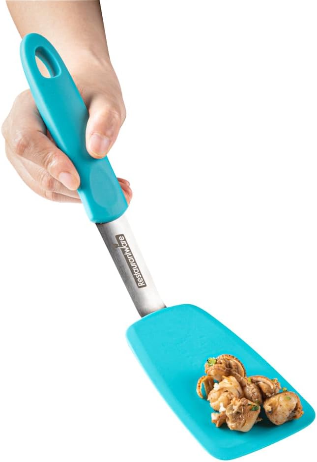 Restaurantware Comfy Grip Silicone Turner 1 Durable Cooking Turner - Stainless Steel Body Rubber Handle With Hole Turquoise Silicone Flipper Spatula Tolerates Up To 446F Dishwashable