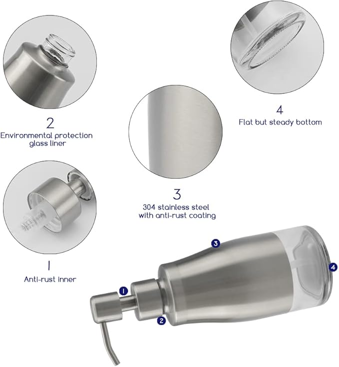 Gaussra Kitchen Soap Dispenser Set with Silicone Tray and Stickers - Brushed Nickel, Stainless Steel Glass Soap Dispenser Bathroom, Refillable Hand Dish Dispenser for Kitchen Sink