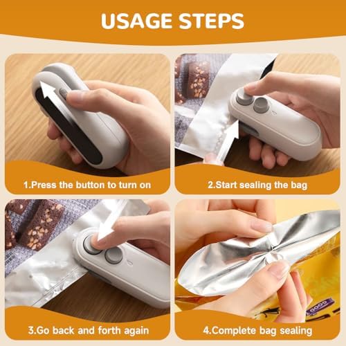 2-in-1 Mini Bag Sealer & Cutter, Rechargeable Portable Snack Bag Heat Sealing Machine with Magnet, Handheld Resealer for Food Storage - 2 Pack (White)