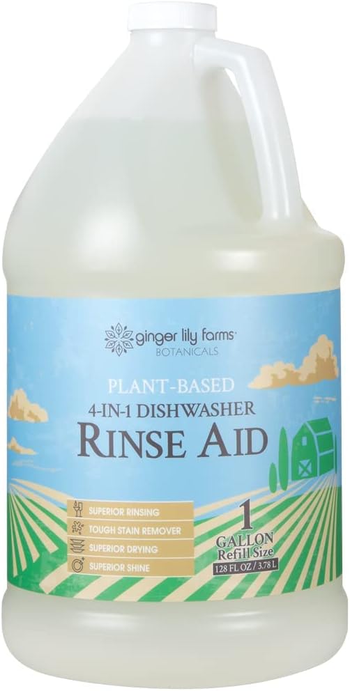 Ginger Lily Farms Botanicals Plant-Based 4-In-1 Dishwasher Rinse Aid, 100% Vegan & Cruelty-Free, Fragrance Free, 1 Gallon (Pack of 4)