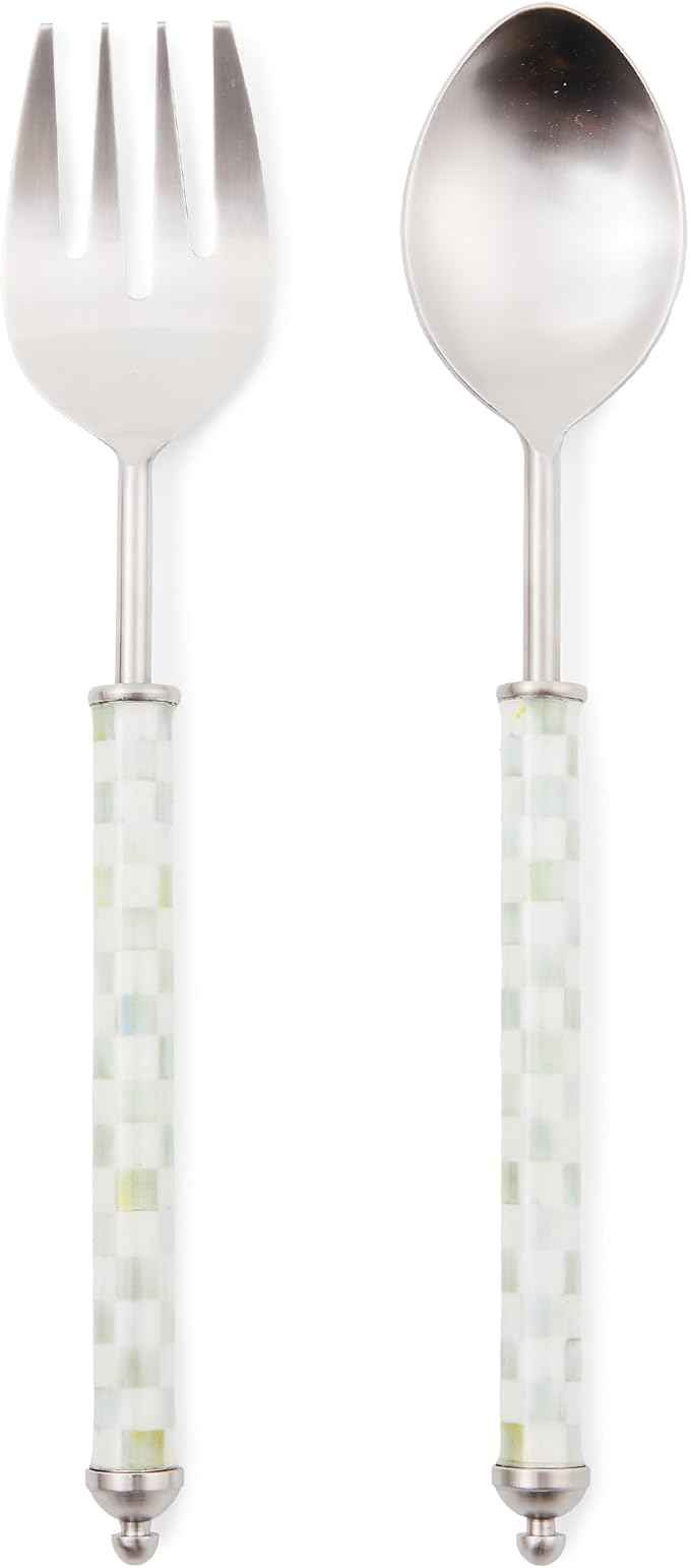 MACKENZIE-CHILDS Supper Club Salad Serving Set, Fork and Spoon Salad Servers, Decorative Kitchen Serving Utensils, Gray-and-White Sterling Check