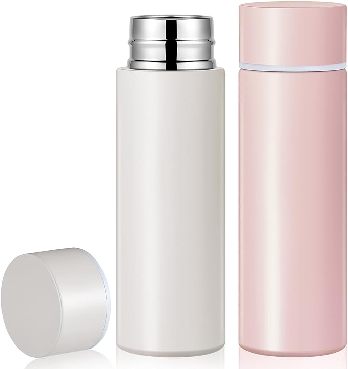Irenare 5oz Mini Insulated Stainless Steel Bottle Purse Water Bottle Cute Leak Proof Flask Keeps Drink Cold and Hot for Purse Women(Angel White, Light Pink, 2 Pieces)