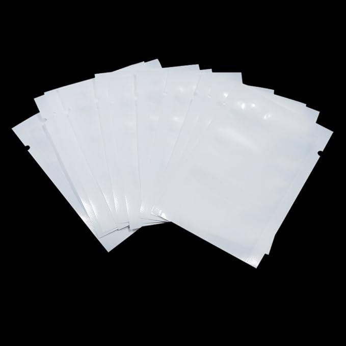 PABCK 100 Pack 3.5x5.1 inch (Usable Size 3.1x4.7 inch) White Front Clear Open Top 2.8mil Plastic Vacuum Pouch Heat Sealable Bags for Food Storage Packets Mini Sample with Tear Notches