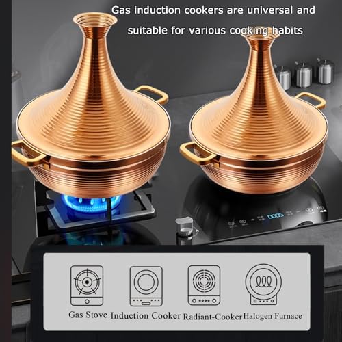 Large Stainless Steel Moroccan Tagine Pot - Non-Stick Casserole with Cone-Shaped Lid & 2 Handles, 30cm/11.8in, Elegant Gold Finish for Authentic Moroccan Cooking