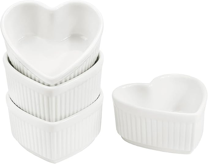 Sizikato Heart-Shaped Porcelain Souffle Dishes, Ramekins - 3.5 Inches for Souffle, Creme Brulee and Dipping Sauces - Set of 4