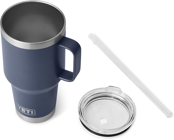 YETI Rambler 35 oz Tumbler with Handle and Straw Lid, Travel Mug Water Tumbler, Vacuum Insulated Cup with Handle, Stainless Steel, Navy