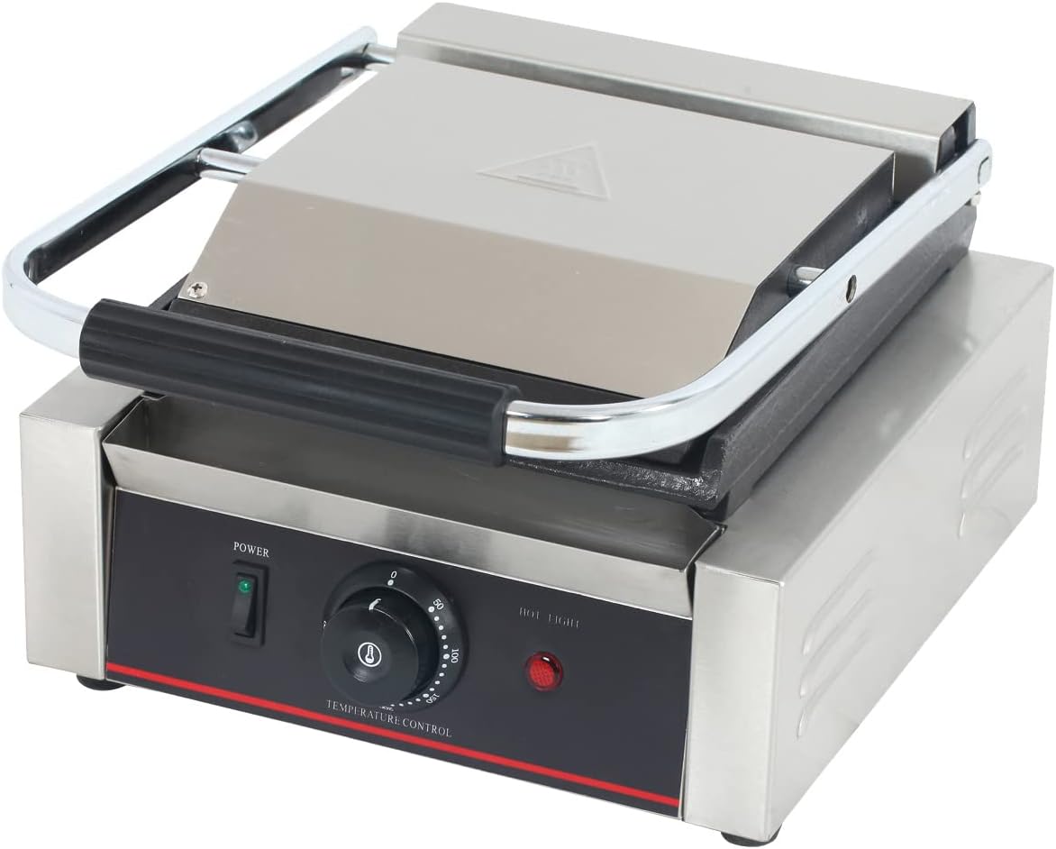 Commercial Panini Press With Grooved Grill Sandwich Maker Machine Electric Contact Grill Single (Single Grooved Top&Smooth Bottom)