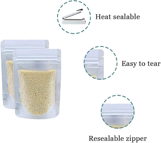 PABCK 100 Pcs 4.7x7.9 inch Resealable Stand Up Bags Matte Clear Zipper Lock Heat Seal Pouches with Tear Notch for Zip Food Storage Lock Packing