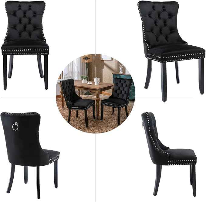 Black Dining Chairs Set of 6, Upholstered Velvet Dining Room Chairs with Back Ring Pull Trim and Solid Wood Legs,Modern Dining Chairs Perfect for Dining Room,Living Room,Kitchen(Black)