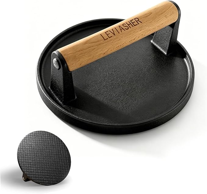 Heavy Duty Cast Iron Griddle Press, 2.2lb 6.7” Round Steak Weight Professional Cooking Press with Wood Handle for Smash Burgers, Sandwich, Bacon, Panini, Vegetables on BBQ, Grid-Patterned