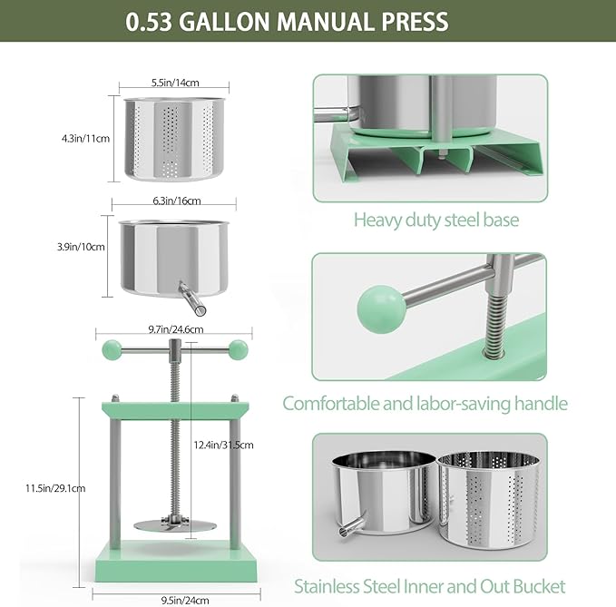 EJWOX 0.53 Gallon Fruit Press, 2L Stainless Steel Manual Food Press with Filter Bag, Compact Apple & Wine Press for Cider, Honey, Herbs & Cheese, Small Batch Home Use