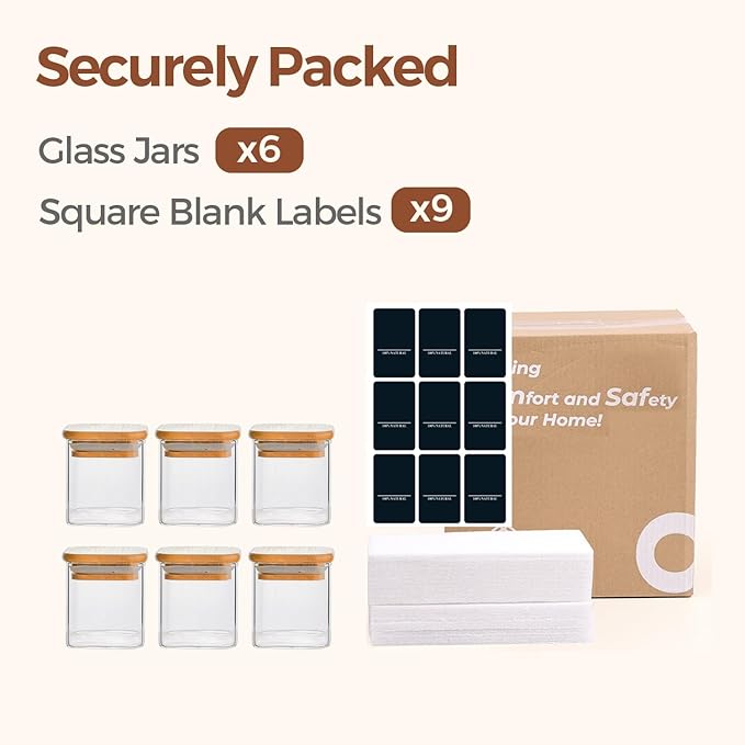 ComSaf Spice Jars with Labels 4 oz 6Pack, Small Spice Containers Starter Set, Glass Seasoning Jars with Lids, Square Seasoning Containers for Salt, Pepper, Chili Powder, Sugar, Ginger Ground, Cumin