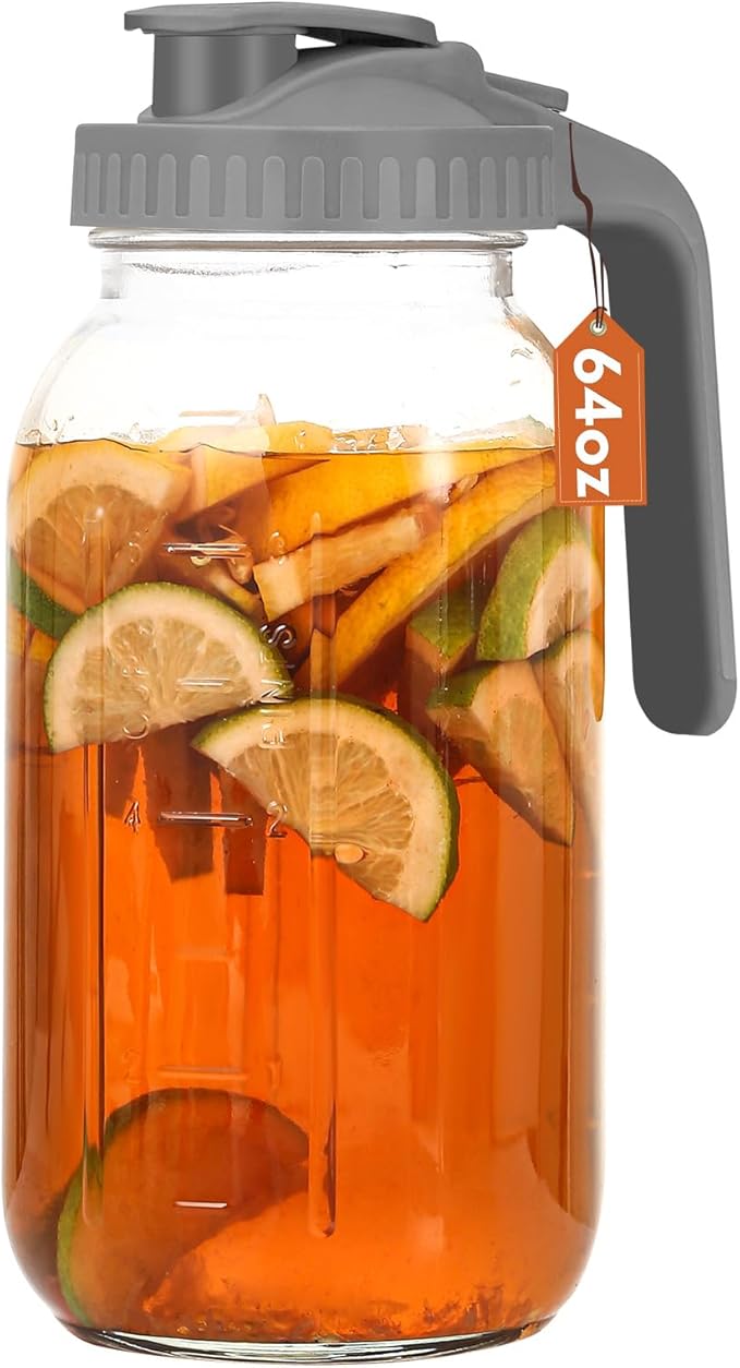 Mihlapi Glass Pitcher with Lid, 64 OZ Mason Jar Pitcher Double Leak Proof, 2 Quart Breast Milk Storage Containers for Fridge, Wide Mouth Glass Jar for Sun Tea, Juice, Cold Brew Coffee