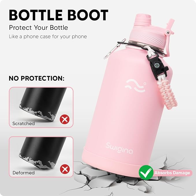 Swigina [2-IN-1 LID] 64 oz Insulated Water Bottle with Silicone Boot (48hrs Cold/24hrs Hot) - DIY Stickers, Leakproof, BPA Free, Half Gallon