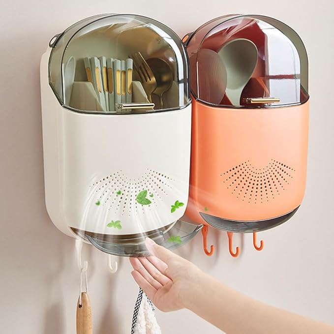 Wall Mounted Cutlery Holder - Kitchen Utensil Storage Box with Lid - Chopstick Container - Dustproof Spoon and Chopstick Organizer - Drain Racks