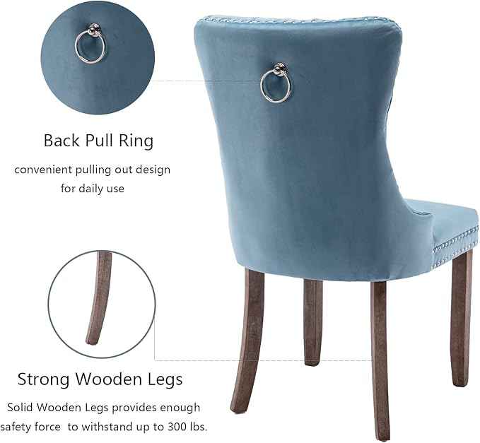 Upholstered Dining Chairs Set of 4, Velvet Dining Room Chairs with Back Ring Pull Trim and Solid Wood Legs, Tufted Wingback Kitchen Chair Perfect for Dining Room,Living Room,Kitchen(Light Blue)