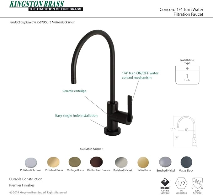 Kingston Brass KS8190CTL Continental Water Filtration Faucet, Matte Black, 5‑7/8 in. Spout Reach