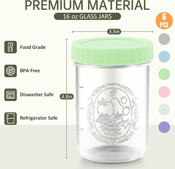 Miuyhji Overnight Oats Containers with Lids, 6-Pack Glass Mason Jars 16 oz with Lids Wide Mouth, Reusable Food Storage Containers for Snack, Chia Pudding, Yogurt, Meal Prep, Salad