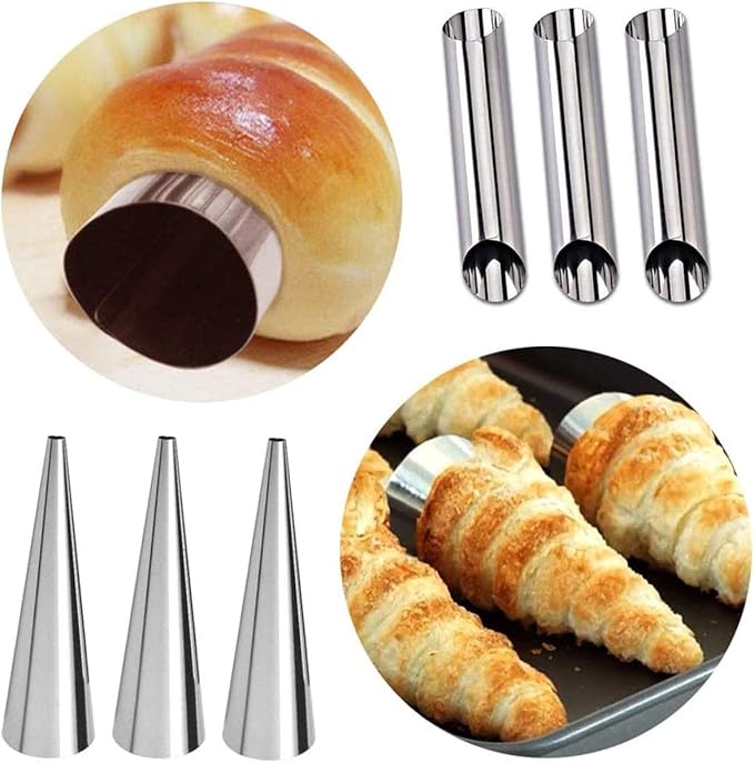 ABSOK Cannoli Tubes Cream Corner Molds, Stainless Steel Cream Roll Spiral Croissant Cone Molds, Cake Tool Kit With Ice Spout and Cleaning Brush (24 PCS)