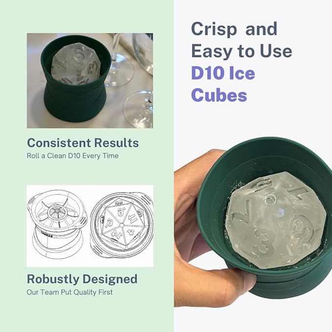 Ultimate D10 Dice Shaped Jumbo Ice Cube Mold for DND/TTRPG Fans - Large Silicone, Easy Fill & Release for Whiskey, Cocktails, Juice - Perfect Gamer Gift & Fantasy D&D Essential