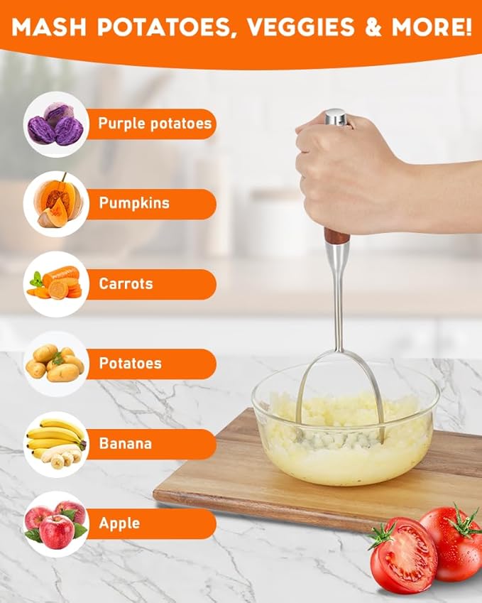 Brigii Potato Masher with Non-Slip Wooden Handle, Dual Arc for Easy, Labor-Saving Mashing, 304 Stainless Steel, Sturdy and Durable One-Piece Potato Press, Dishwasher Safe, for Potatoes and More