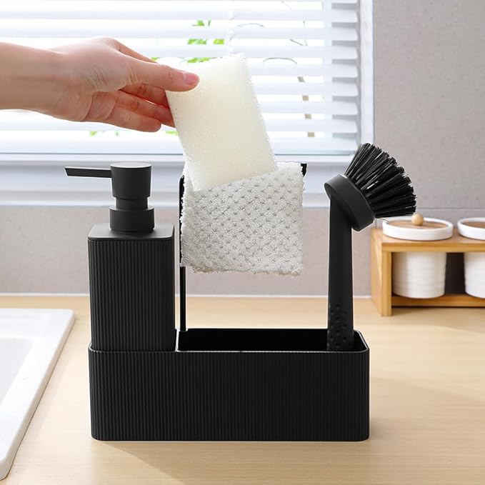 YAUKPH 4 in 1 Kitchen Soap Dispenser Set - Soap Dispenser Brush Sponge Holder Towel Rack (Striped Black)