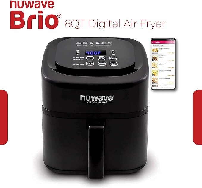 Nuwave 6-quart Brio Healthy Digital Air Fryer with One-Touch Digital Controls, 6 Preset Menu Functions & Removable Divider Insert (Renewed)