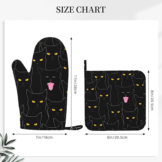 Fun Black Cat Oven Mitts and Pot Holders Set of 4 Silicone Heat Resistant Oven Mitten Potholders Non Slip Gloves Kitchen Decor for BBQ Cooking Grilling Baking